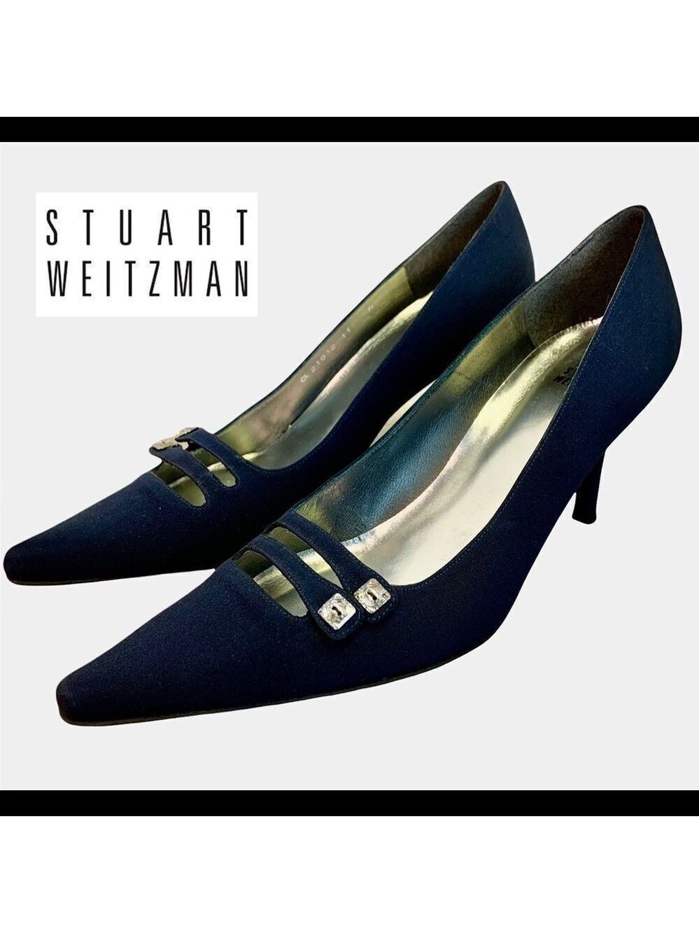 STUART Weitzman dark navy blue double rhinestone strap heels size 11